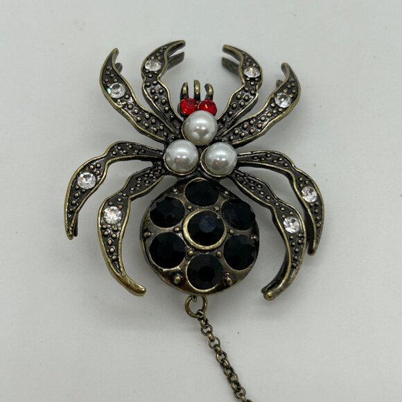 Gothic Spider Brooch Pin Dangling Fly Pearl Red Rhinestone Insect Halloween - Picture 5 of 13